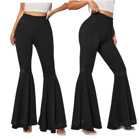SHEIN Pants - SHEIN Petite Ruffle Extra Wide Bell Bottom Hem Elastic Waist Black Stretch Pant